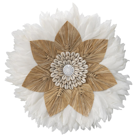 Handcrafted Round Hanging Feather & Shell 'Flower' Wall Art 40x2cm
