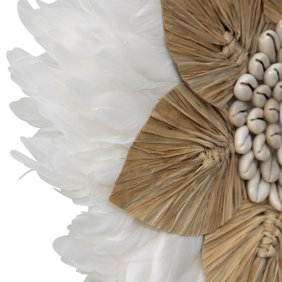Handcrafted Round Hanging Feather & Shell 'Flower' Wall Art 40x2cm - Image 2