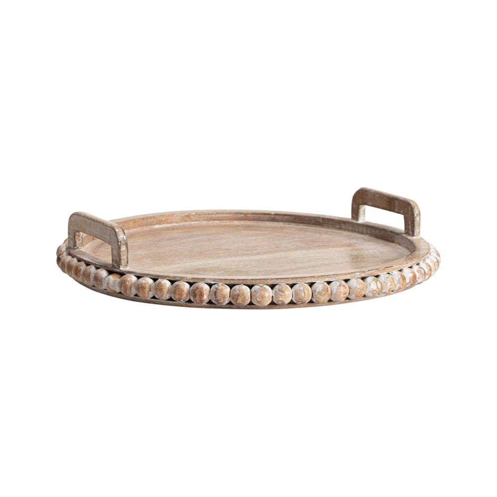 Handcrafted Mangowood Beaded Round Tray 41cm