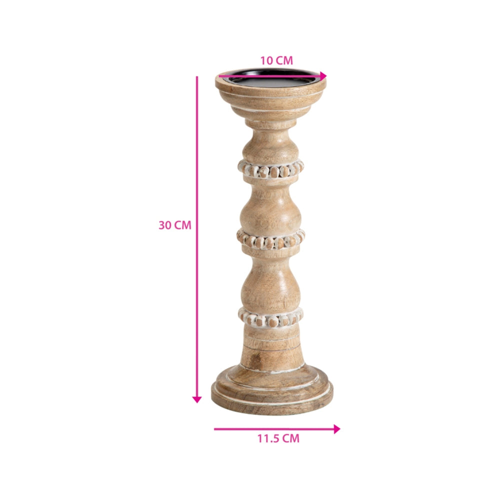 Handcrafted Mango Wood Beaded Pillar Candleholder 30cm - Image 2
