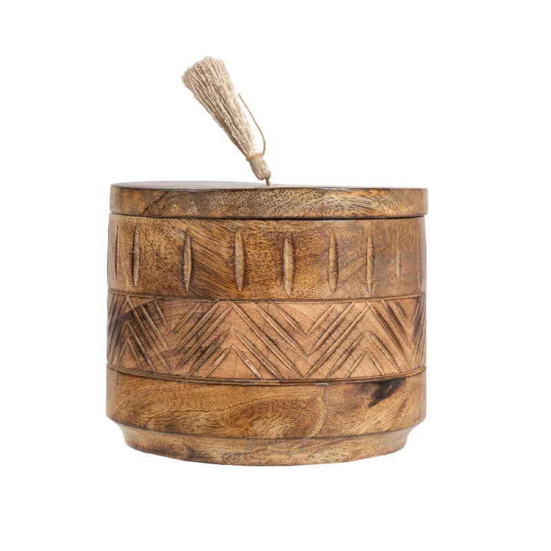 Handcrafted Round Box w Aztec Carving 15cm - Image 2