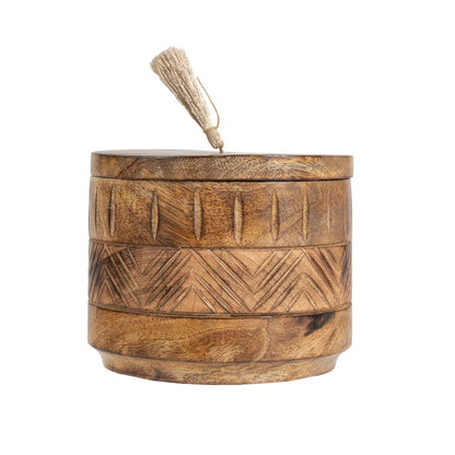 Handcrafted Round Box w Aztec Carving 15cm - Image 2