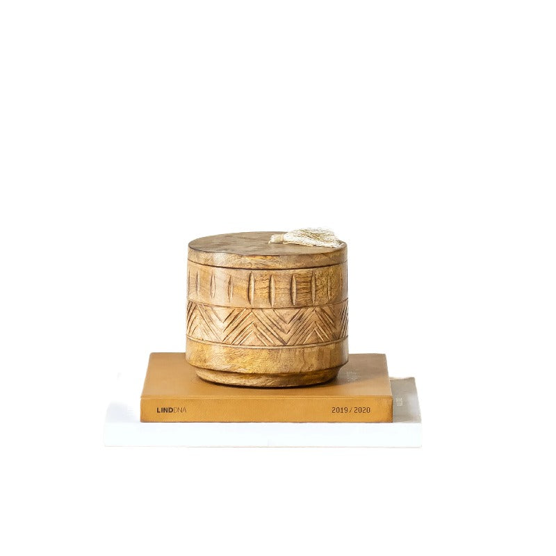 Handcrafted Round Box w Aztec Carving 15cm - Image 3