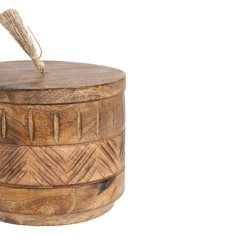 Handcrafted Round Box w Aztec Carving 15cm - Image 4