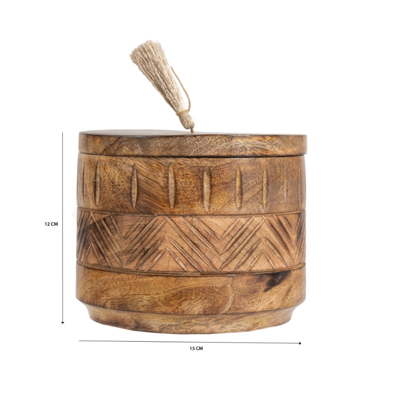 Handcrafted Round Box w Aztec Carving 15cm - Image 5