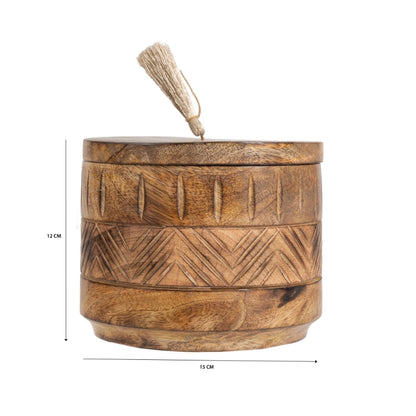 Handcrafted Round Box w Aztec Carving 15cm - Image 5