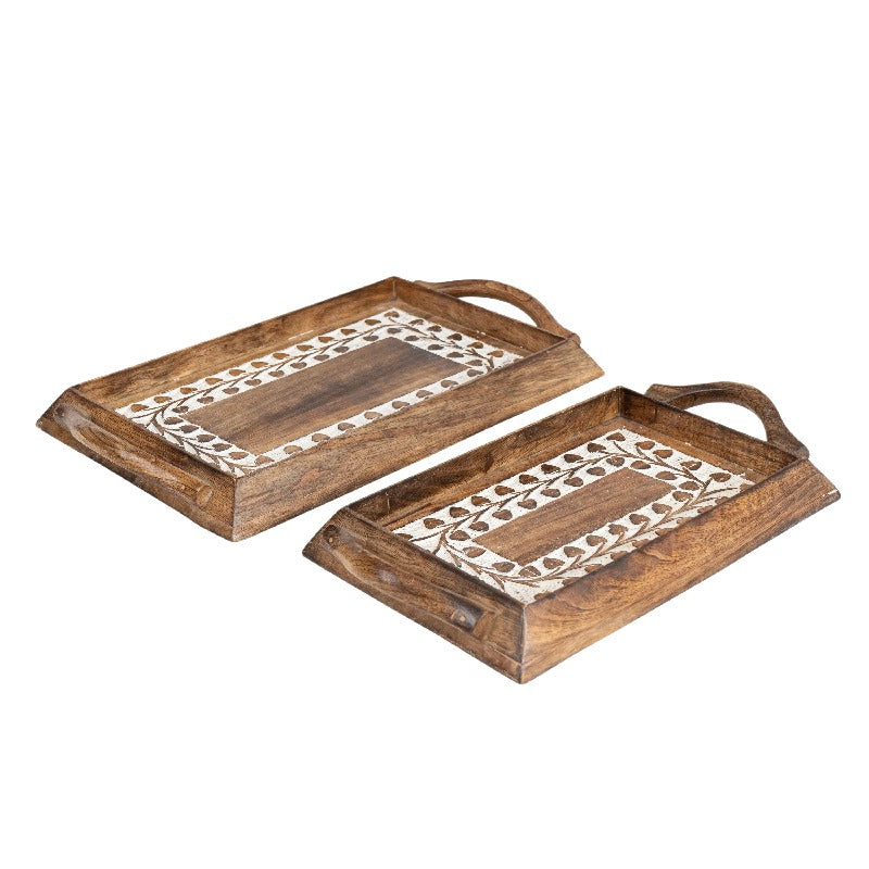 Set 2 Handcrafted Trays w Leaf Carving 37cm, 30cm - Image 2