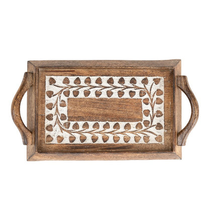 Set 2 Handcrafted Trays w Leaf Carving 37cm, 30cm - Image 4