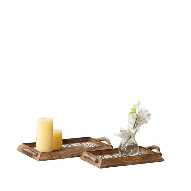 Set 2 Handcrafted Trays w Leaf Carving 37cm, 30cm