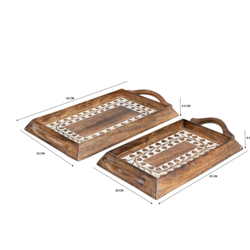 Set 2 Handcrafted Trays w Leaf Carving 37cm, 30cm - Image 5