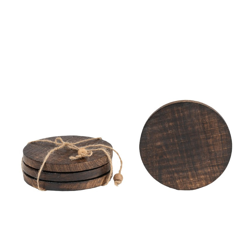 Handcrafted Burnt Finish 4pc Coaster Set w Tie 10cm - Image 3