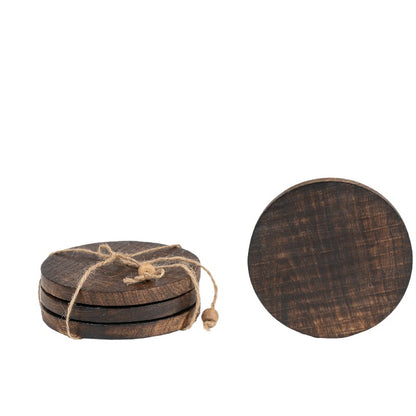 Handcrafted Burnt Finish 4pc Coaster Set w Tie 10cm - Image 3