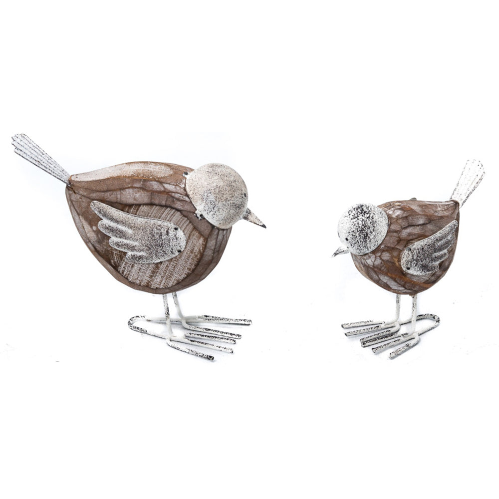 Set 2 Mother & Baby Bird Ornament Wood / Metal 17cm