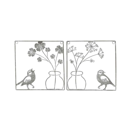 Set 2 Asst Wire Bird w Flower Vase Wall Art 20cm - Image 2