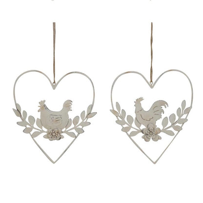 Set 2 Hanging Hearts w Rooster & Chook 17cm - Image 2