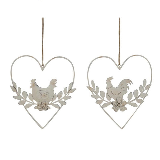 Set 2 Hanging Hearts w Rooster & Chook 17cm - Image 2