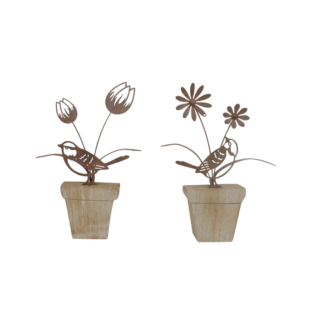 Set 2 Asst Birds & Flowers on Wood Ledge 21cm - Image 2