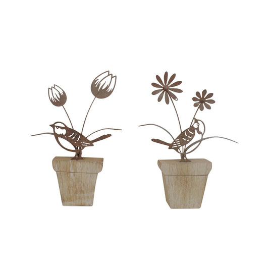 Set 2 Asst Birds & Flowers on Wood Ledge 21cm - Image 2