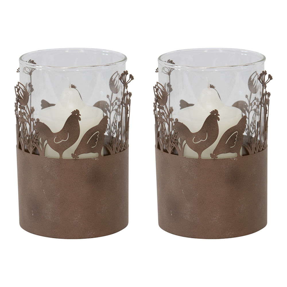 Set 2 Glass Pillar Candle holders in Stilted Rust Base w Chooks 17cm - Image 2