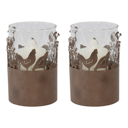 Set 2 Glass Pillar Candle holders in Stilted Rust Base w Chooks 17cm - Image 2