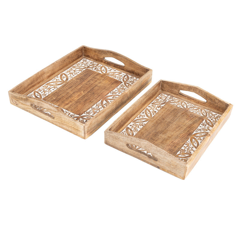 Set 2 Handcrafted Carved Large Leaf Tray 38cm, 33cm