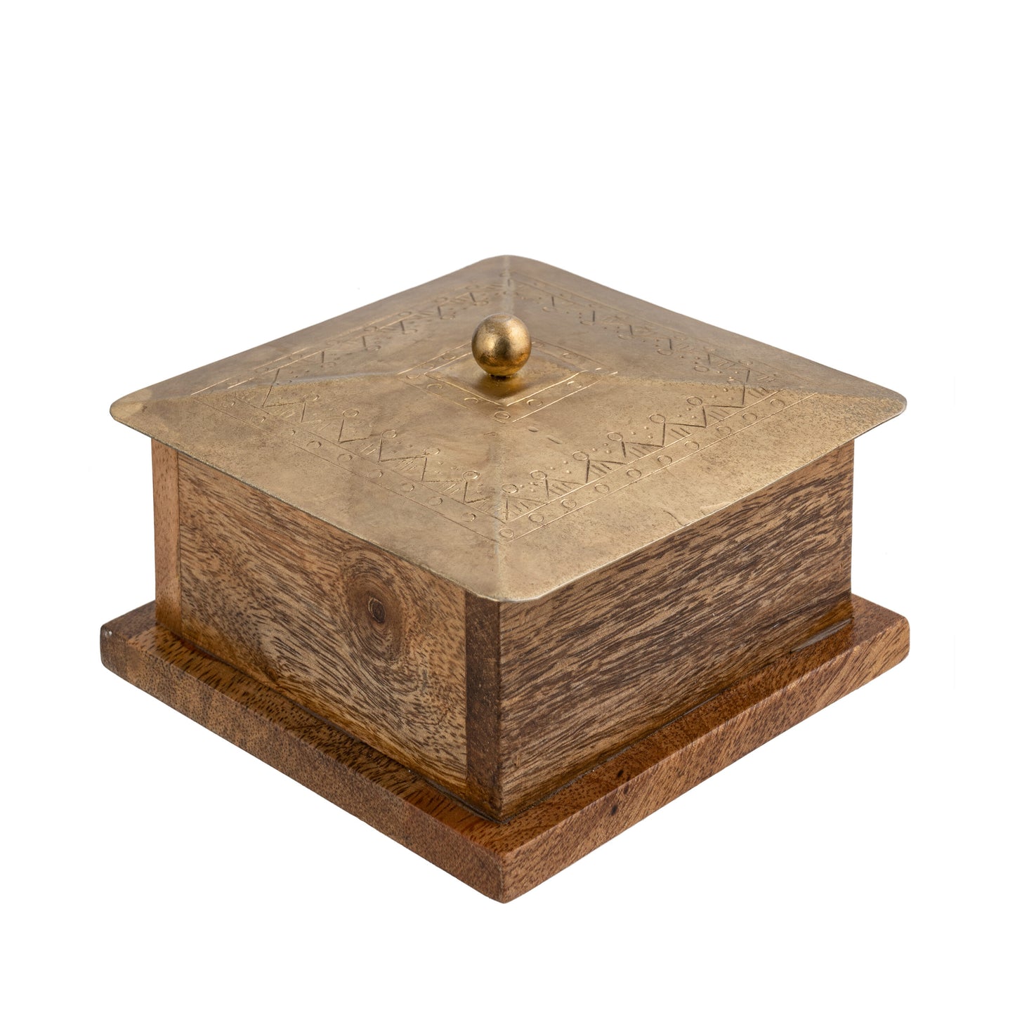 Handcrafted Square Mango Wood Box W Metal Pressed Lid 12cm - Image 4