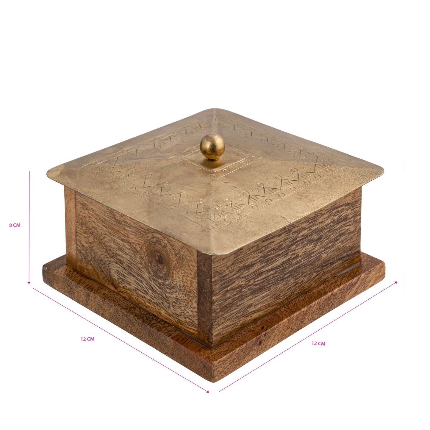 Handcrafted Square Mango Wood Box W Metal Pressed Lid 12cm - Image 5