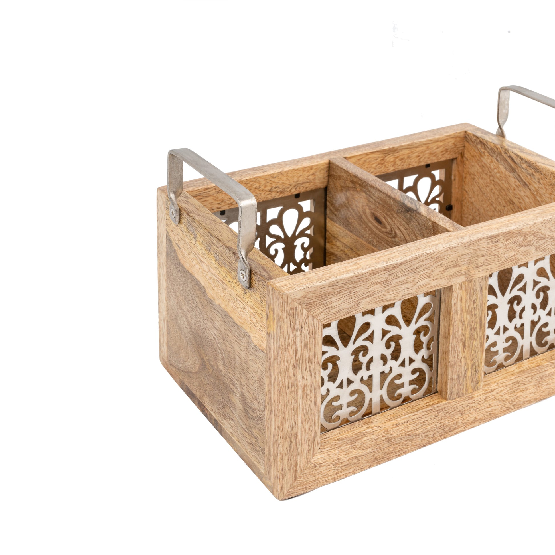 Handcrafted Mango Wood Cutlery / Storage Caddy Two Division 20cm - Image 3