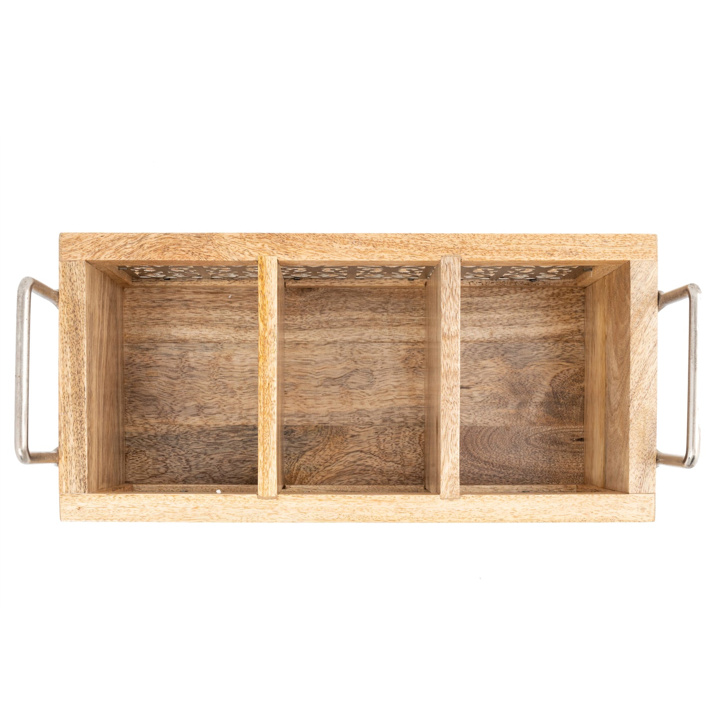 Handcrafted Mango Wood Cutlery / Storage Caddy Three Division 19cm - Image 3