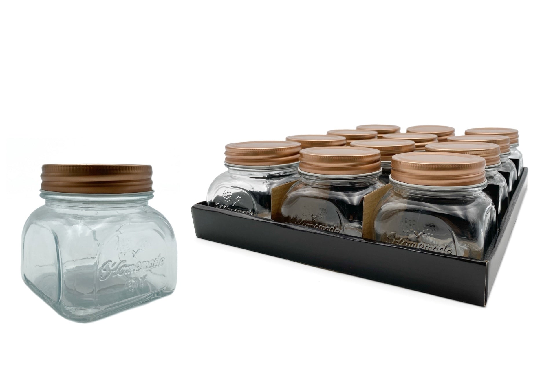 bulk 36 Glass Square Jar w/ Gold Metal Lid 250ml