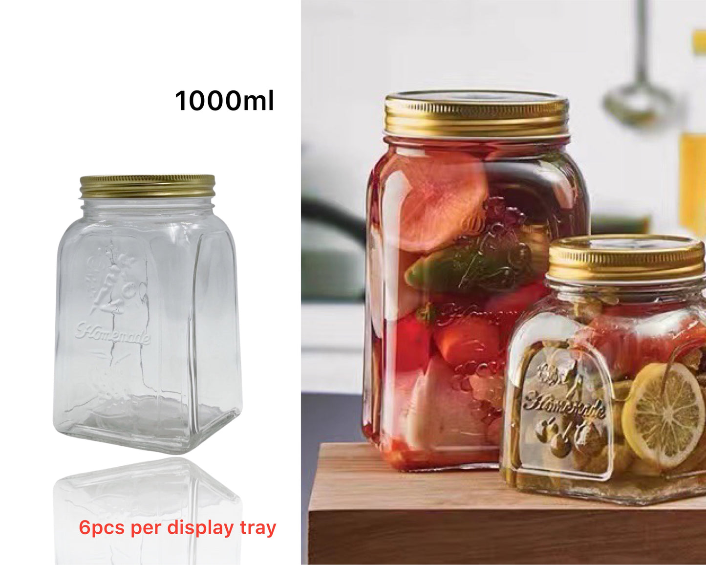 bulk 18 Glass Square Jar w/ Gold Metal Lid 1000ml