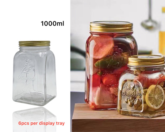 bulk 18 Glass Square Jar w/ Gold Metal Lid 1000ml