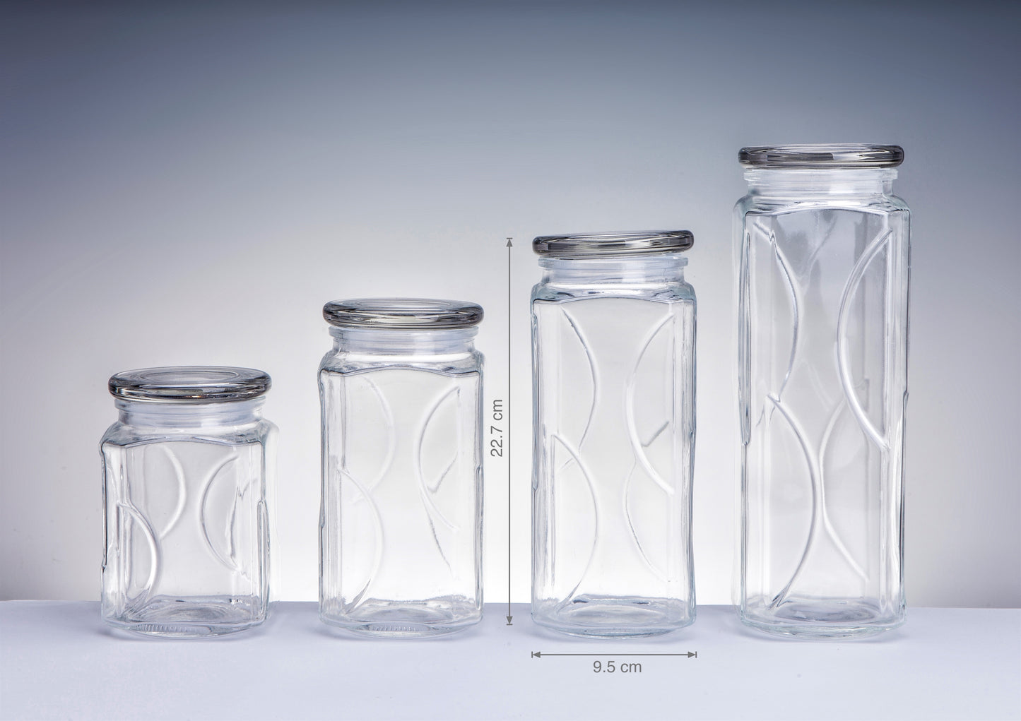 bulk 12 Swirl Embossed Squ Glass Jar w/ Glass Lid 22cm