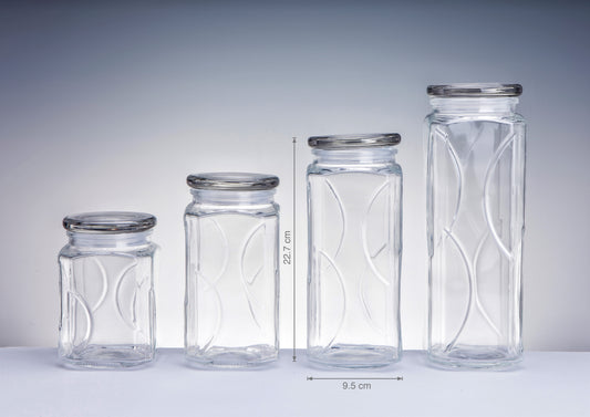 bulk 12 Swirl Embossed Squ Glass Jar w/ Glass Lid 22cm