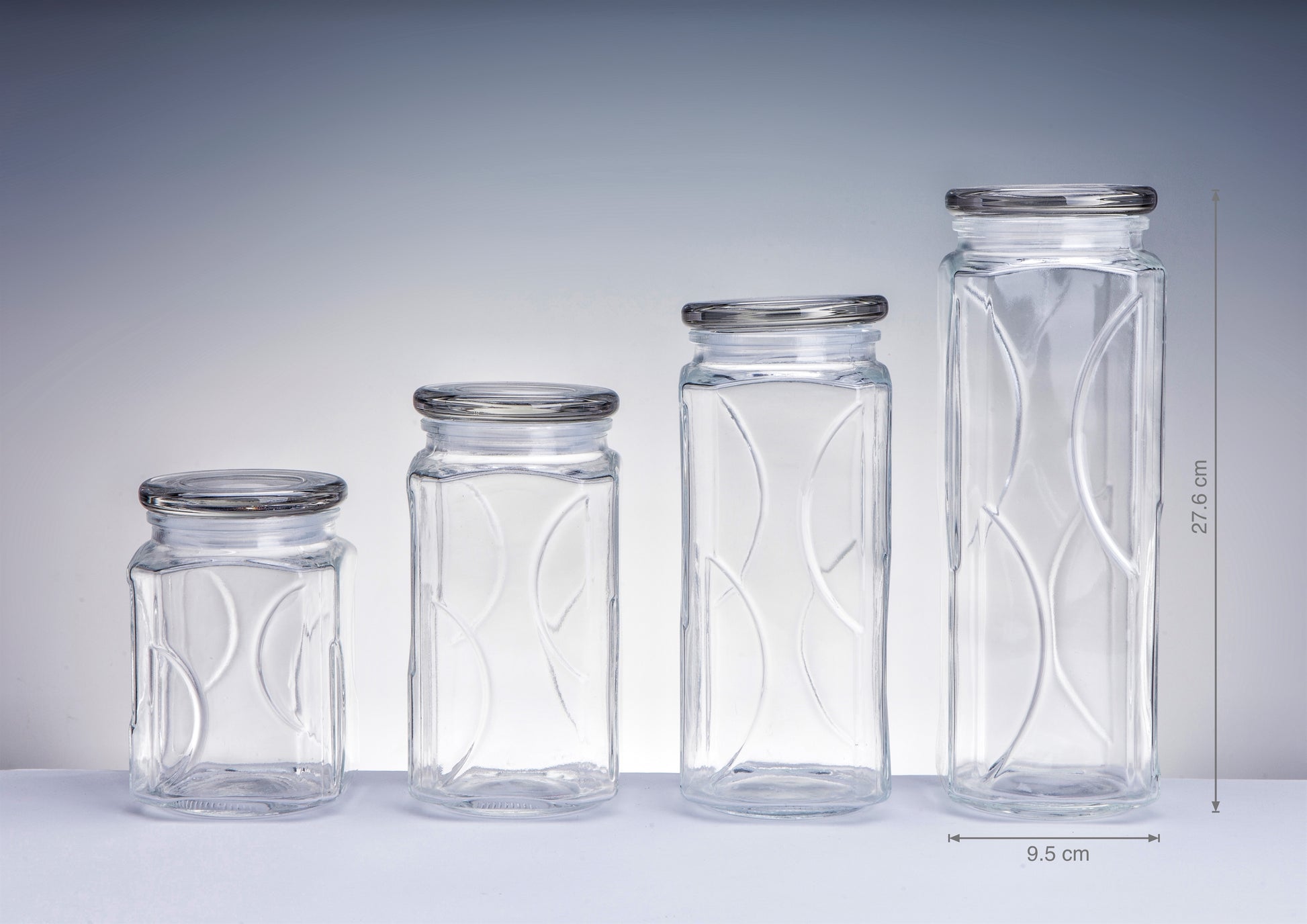 bulk 12 Swirl Embossed Squ Glass Jar w/ Glass Lid 27cm