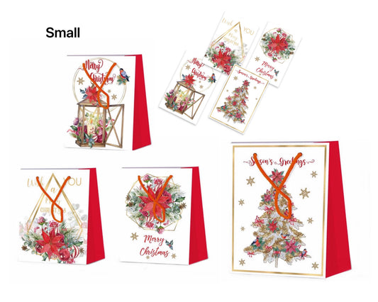 bulk 48 Small Poinsettia & Pine Xmas Bag Foiled 14cm