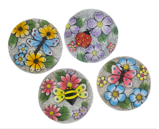 Set 4 Concrete Blooming Garden Round Plaque 21cm