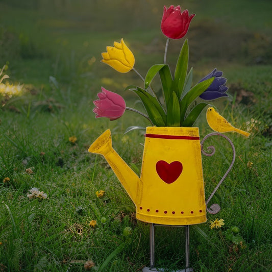 Flowers In Yellow Watering Can Garden Stake 55cm - Image 2