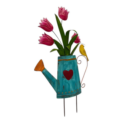 Flowers In Blue Watering Can Garden Stake 55cm - Image 2