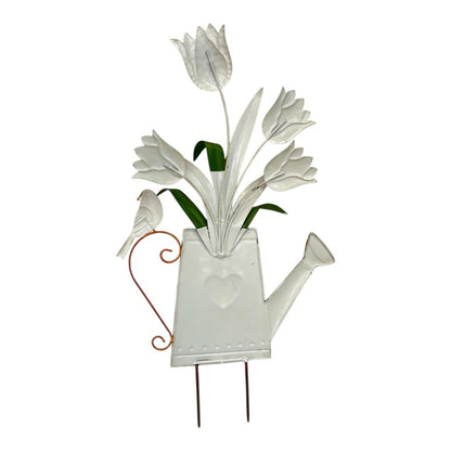 Flowers In Blue Watering Can Garden Stake 55cm - Image 3