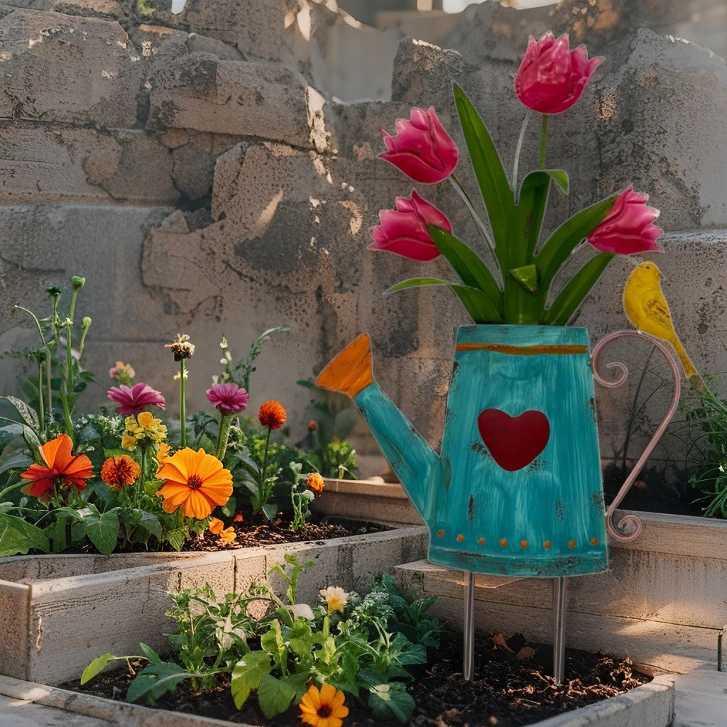 Flowers In Blue Watering Can Garden Stake 55cm - Image 4