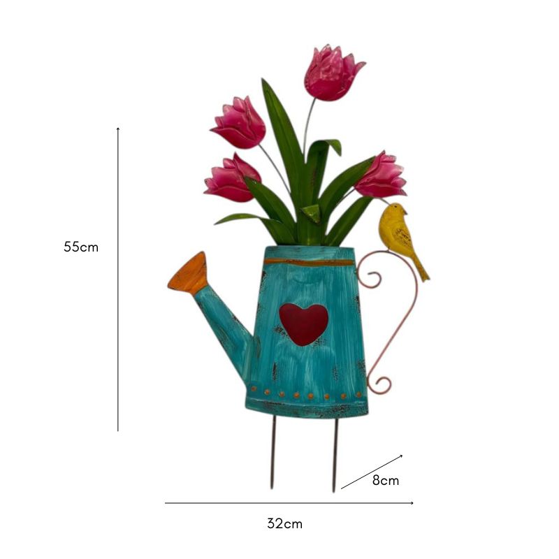 Flowers In Blue Watering Can Garden Stake 55cm - Image 5