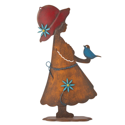 Colourful Girl w Bird Garden Statue 43cm
