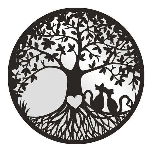 Lasercut Tree of Life w Cats & Mirror Metal 50cm