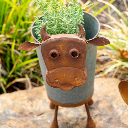 Rusty Cow Planter W Galv Pot 32x37cm - Image 3