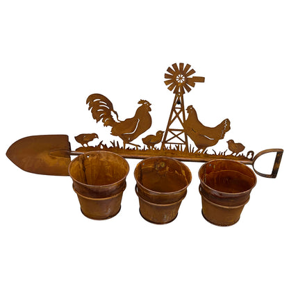 Three Pot Wall Planter On Shovel W Chooks 60x30cm - Image 2