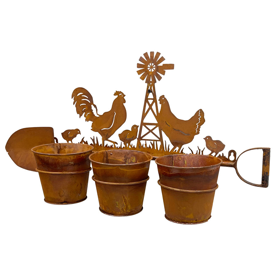 Three Pot Wall Planter On Shovel W Chooks 60x30cm - Image 3