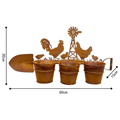 Three Pot Wall Planter On Shovel W Chooks 60x30cm - Image 4