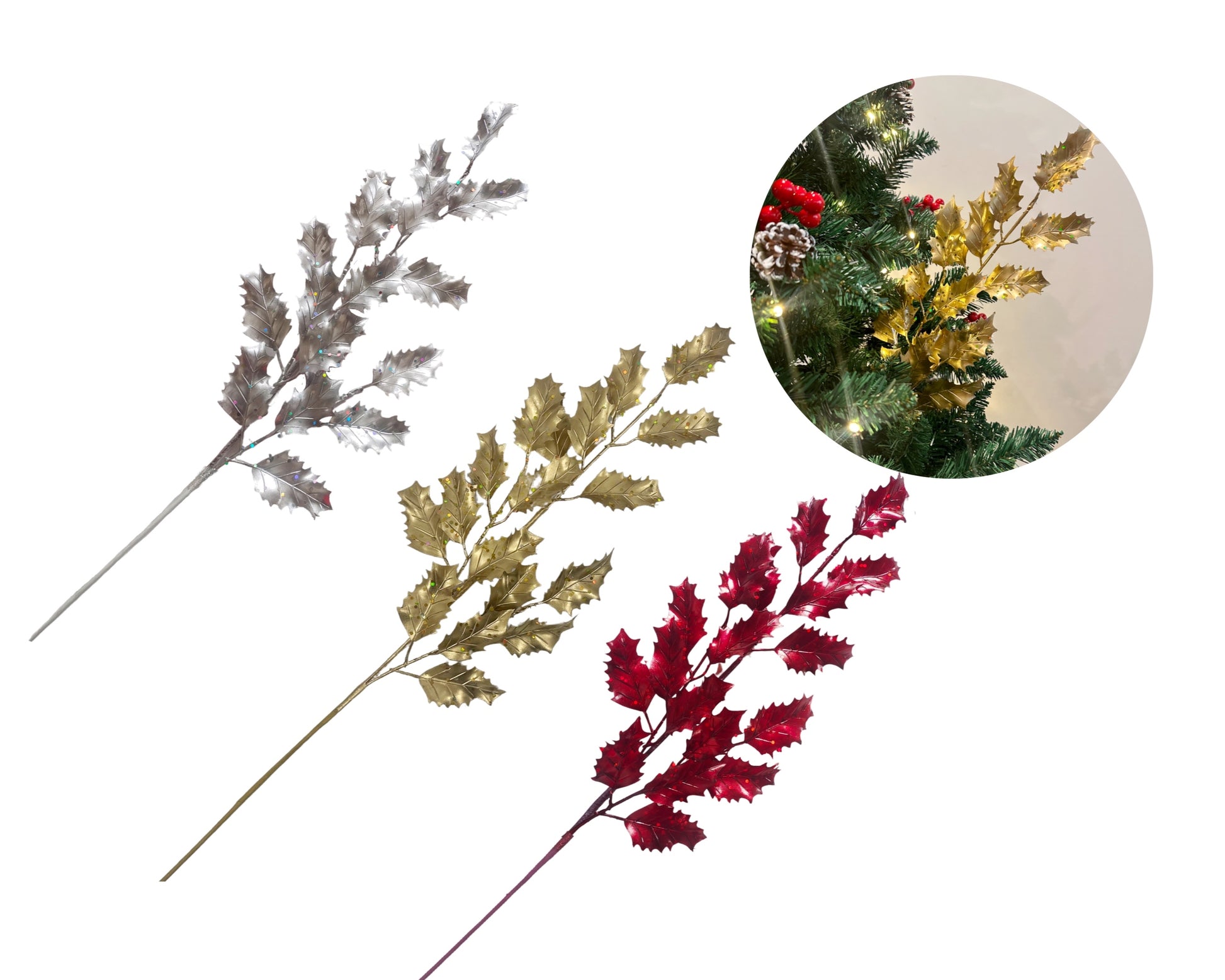 bulk 24 Xmas Metallic Leaves Tree Deco 68cm