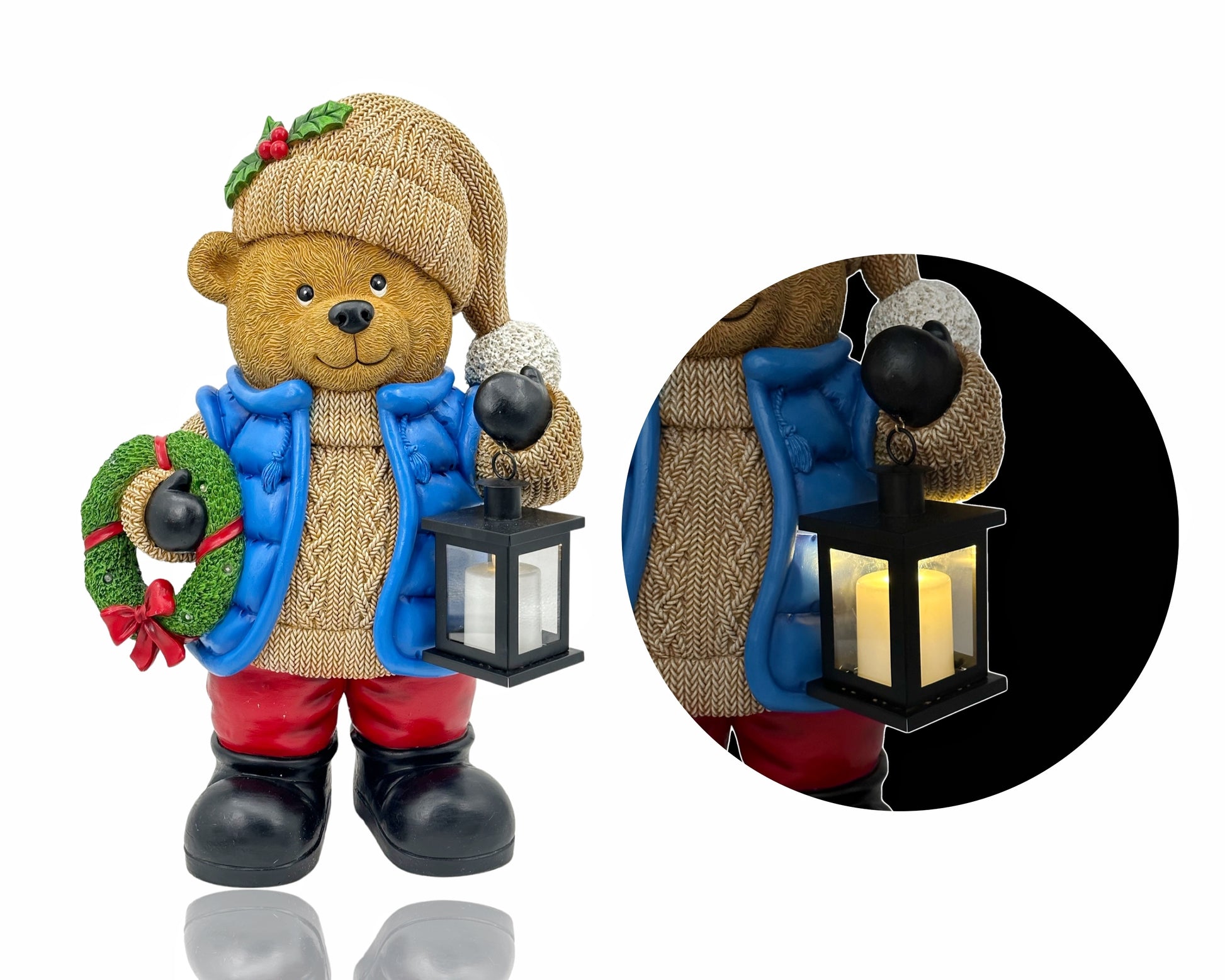 Xmas Light Up Polyresin Bear w/ Lantern & Wreath 61cm